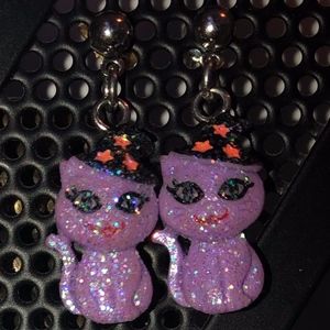 Purple Halloween Cat Dangly Stud Earrings